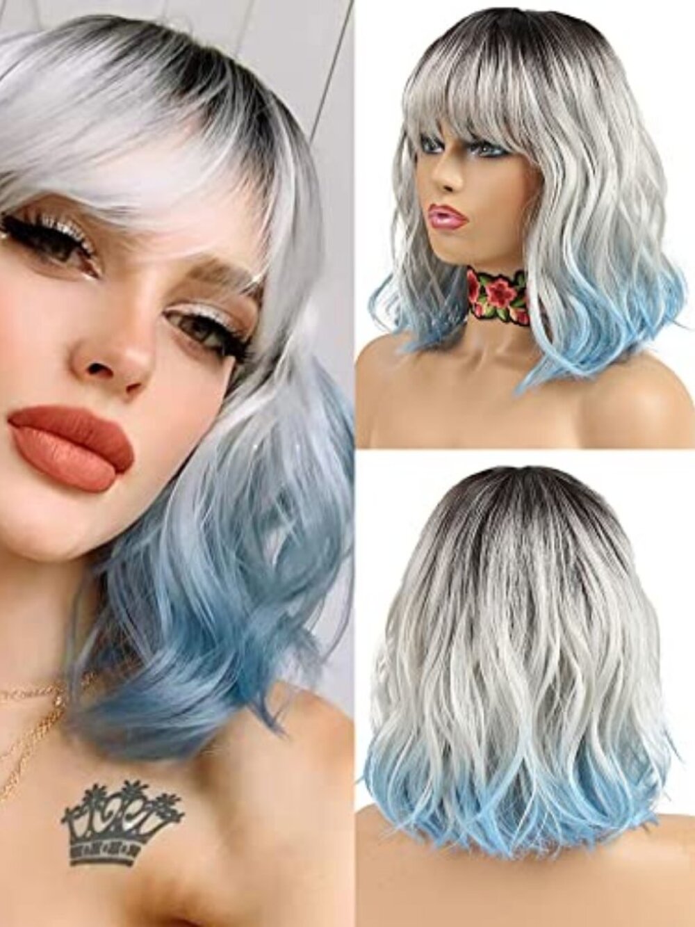 Blue Wig with Bangs 12 Inches Short Bob Curly Wig Blue Wigs for Women Colorful
